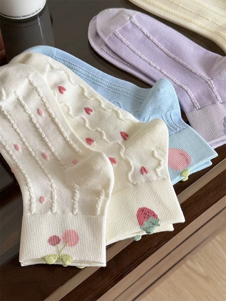 Pastel Fruit Embroidered Socks (5 Pairs)