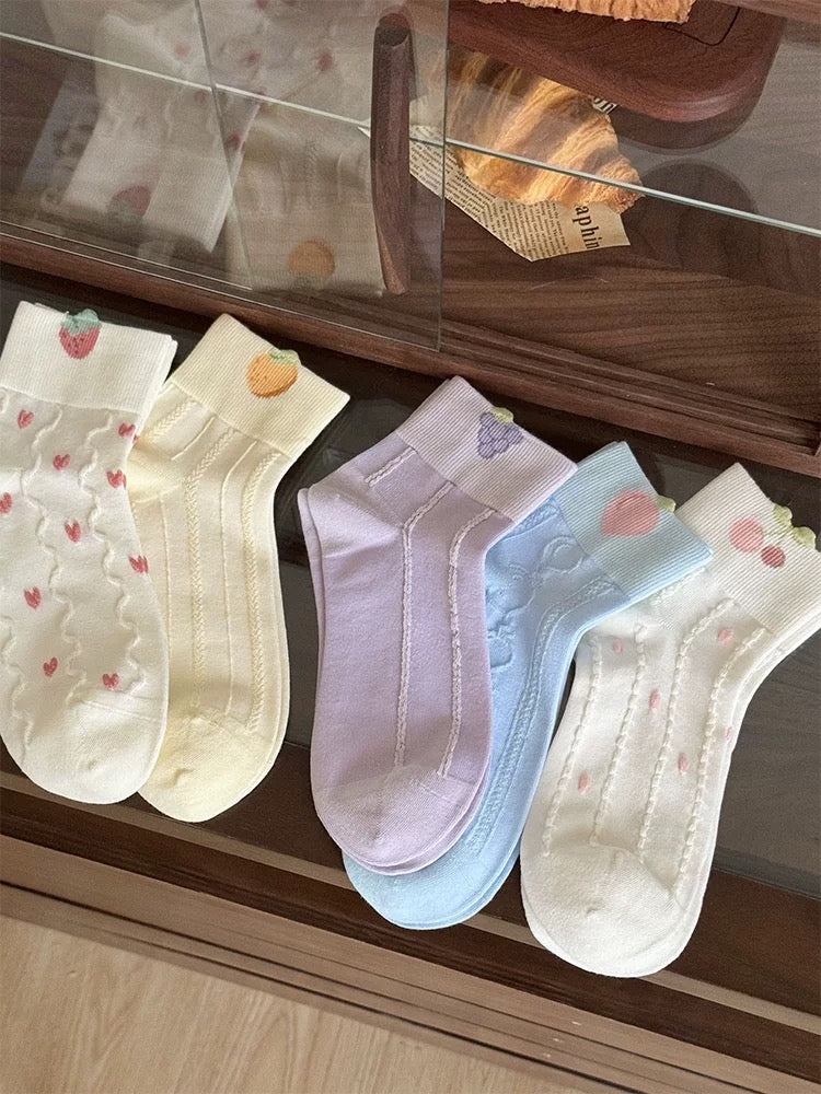 Pastel Fruit Embroidered Socks (5 Pairs)