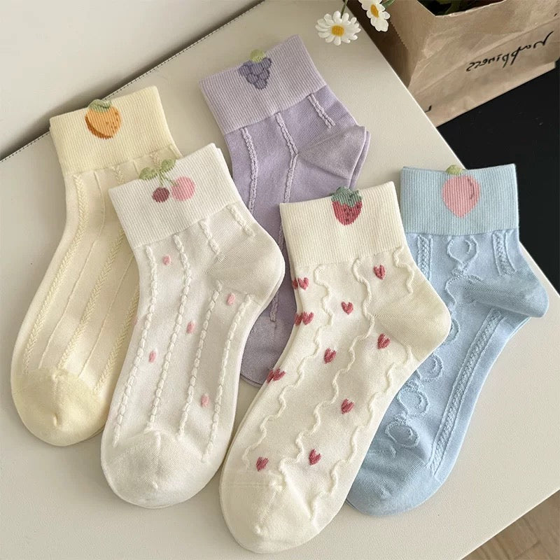 Pastel Fruit Embroidered Socks (5 Pairs)