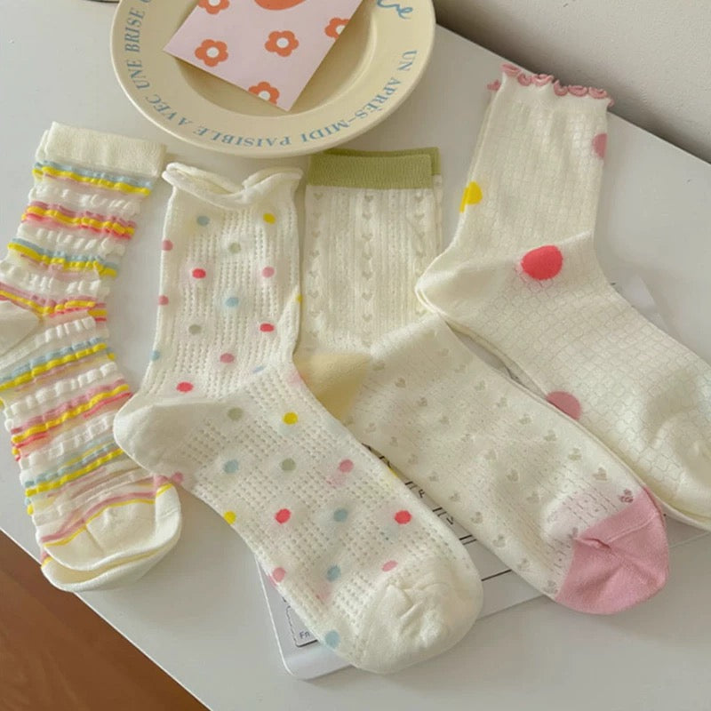 Colorful Polka Dot & Ruffle Socks (4 Pairs)