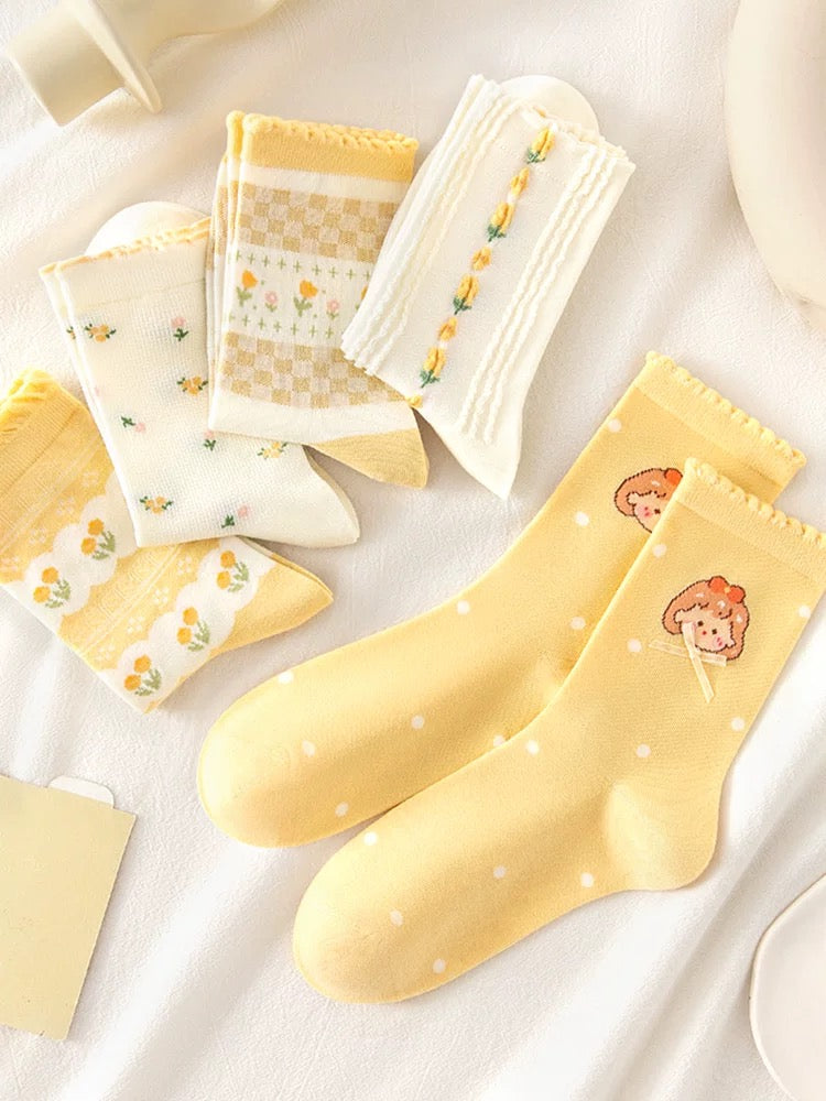 Sunshine Yellow Cartoon Socks Set (5 Pairs)