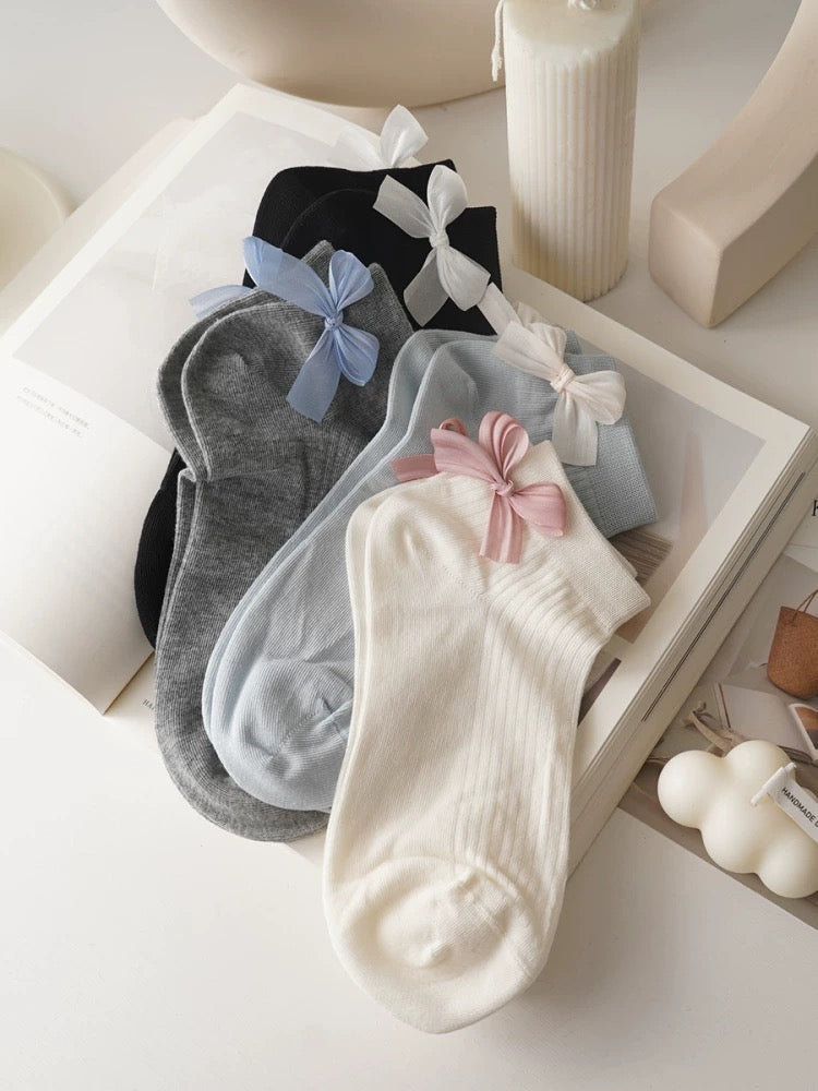 Bow-Tie Ribbed Short Socks Set (4 Pairs)