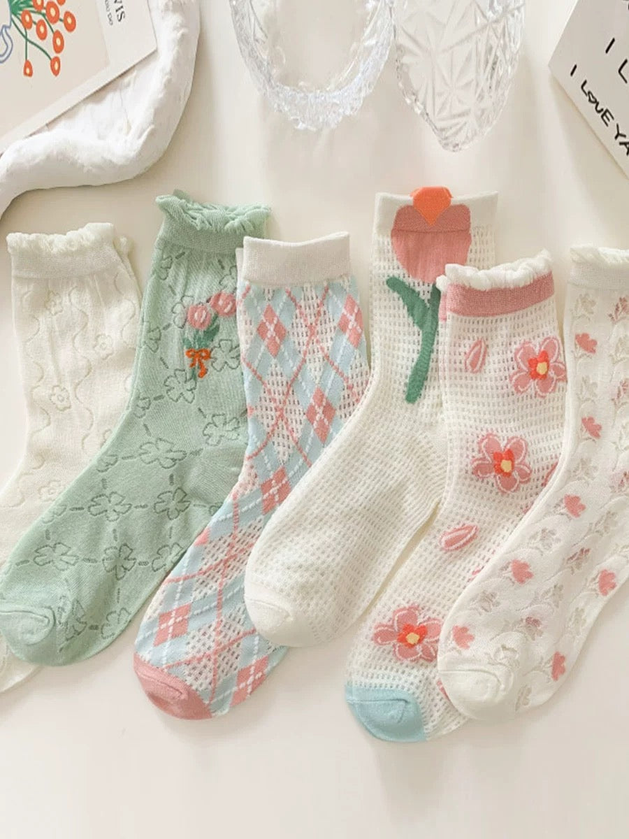Pink & White Flower Mesh Socks (6 Pairs)