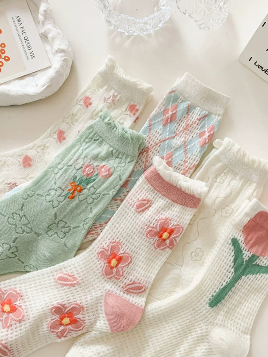 Pink & White Flower Mesh Socks (6 Pairs)