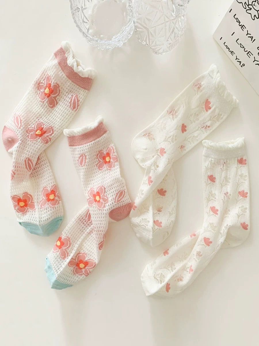 Pink & White Flower Mesh Socks (6 Pairs)