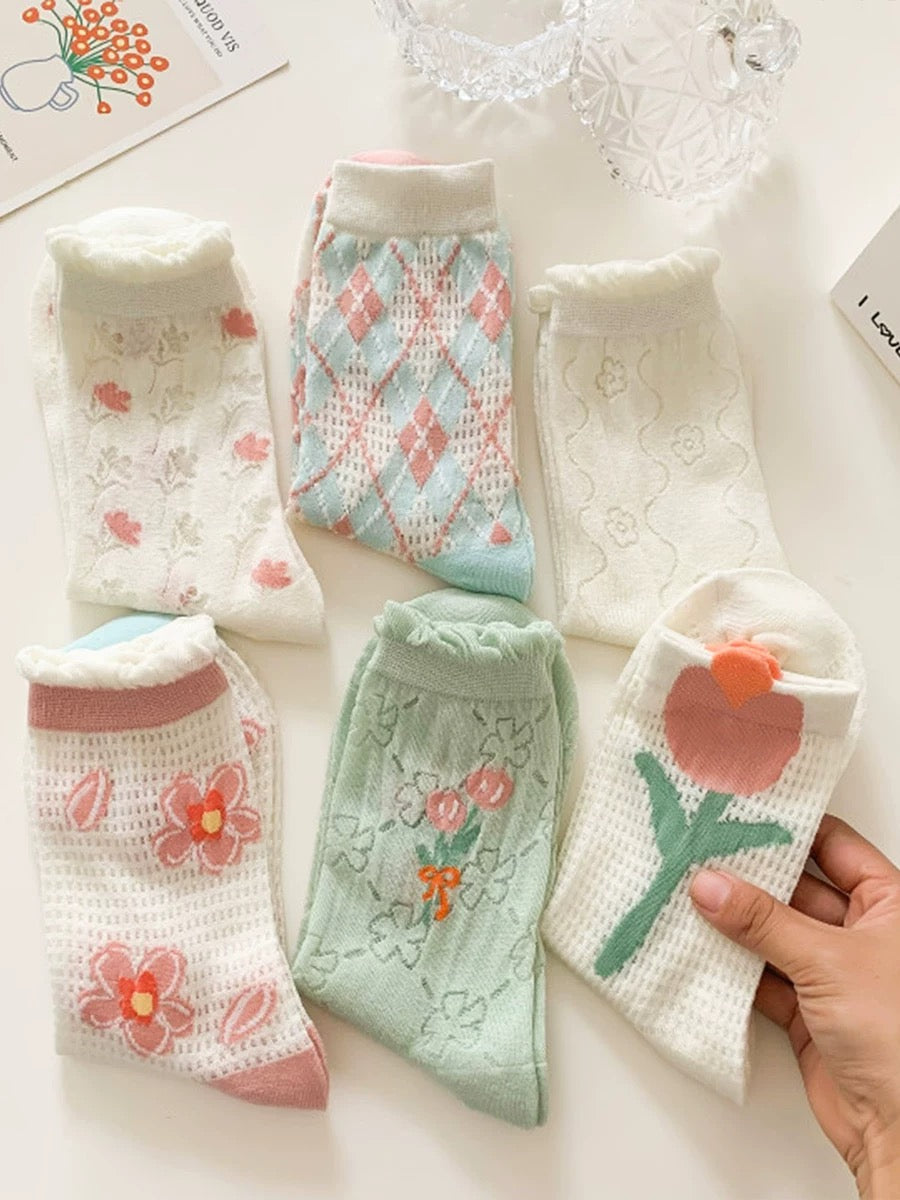 Pink & White Flower Mesh Socks (6 Pairs)