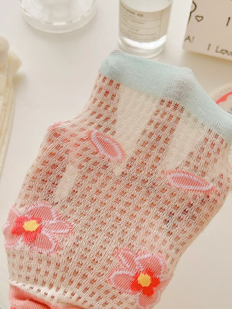 Pink & White Flower Mesh Socks (6 Pairs)