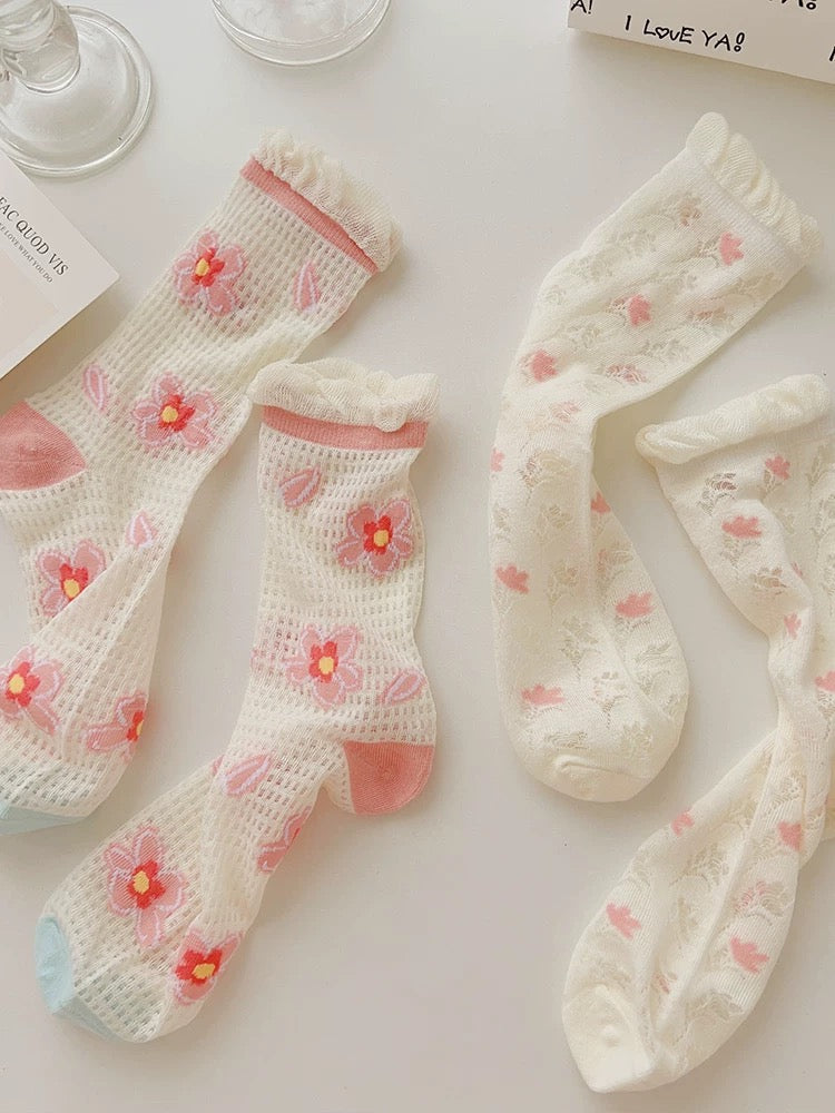Pink & White Flower Mesh Socks (6 Pairs)