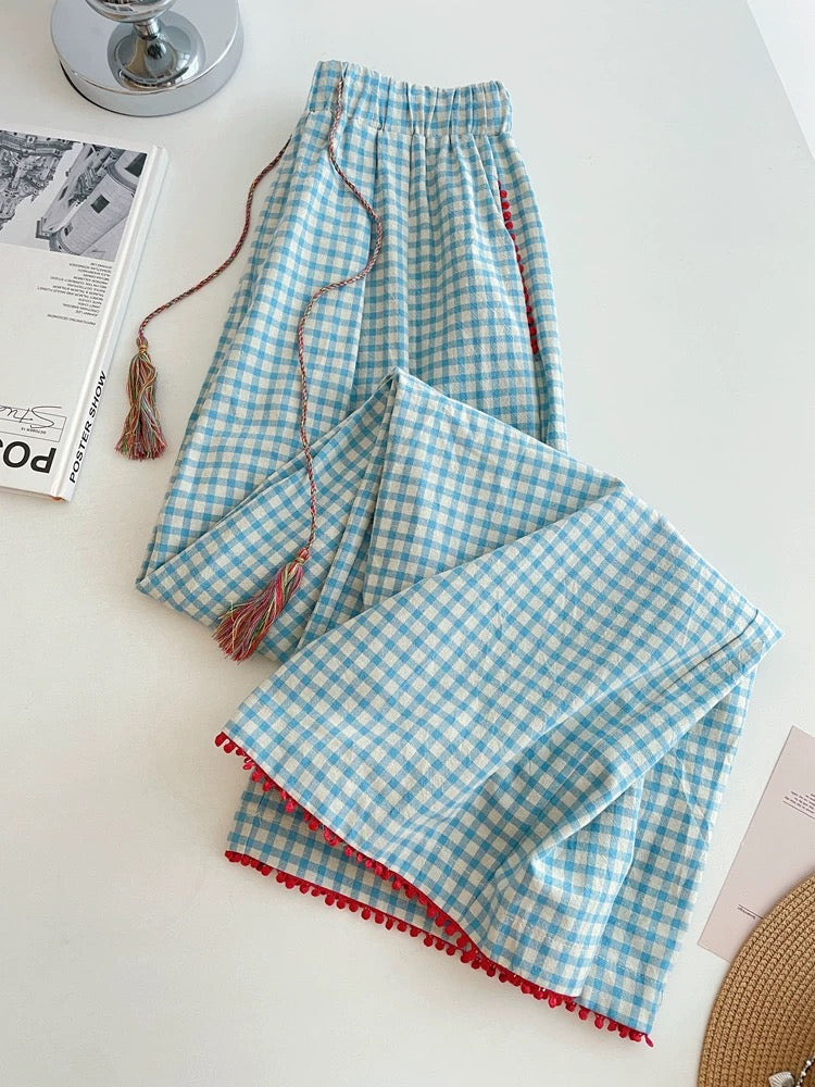 Blue Gingham Pajama Pants with Red Tassel Trim