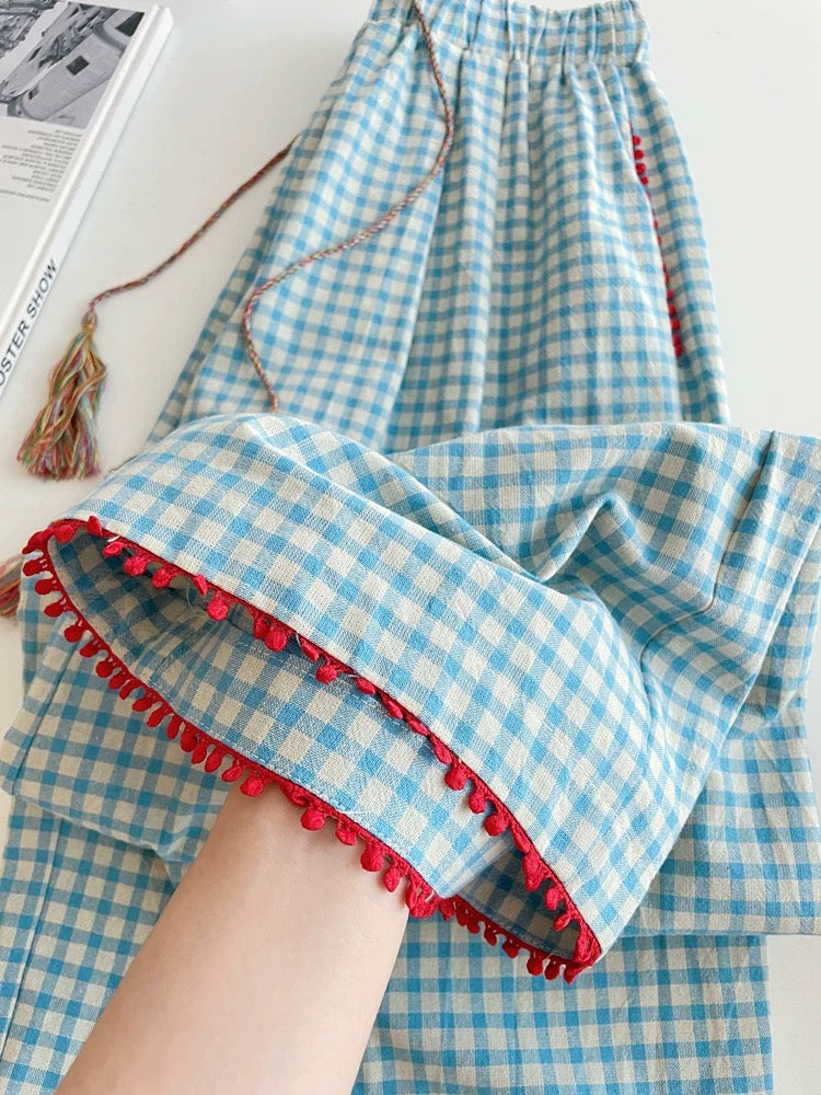 Blue Gingham Pajama Pants with Red Tassel Trim