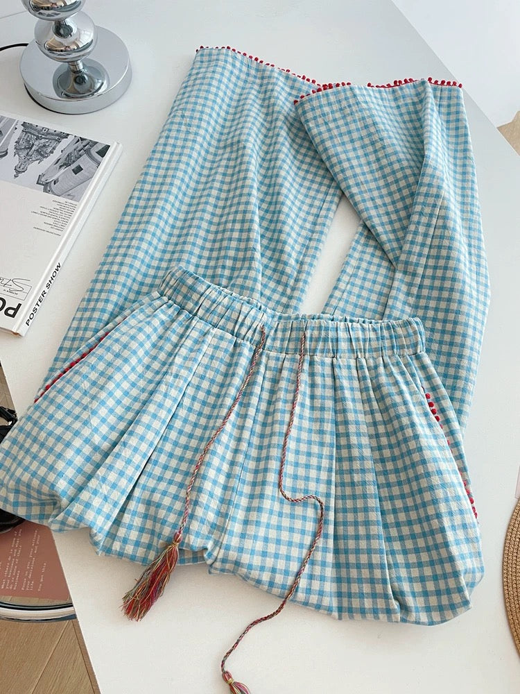 Blue Gingham Pajama Pants with Red Tassel Trim
