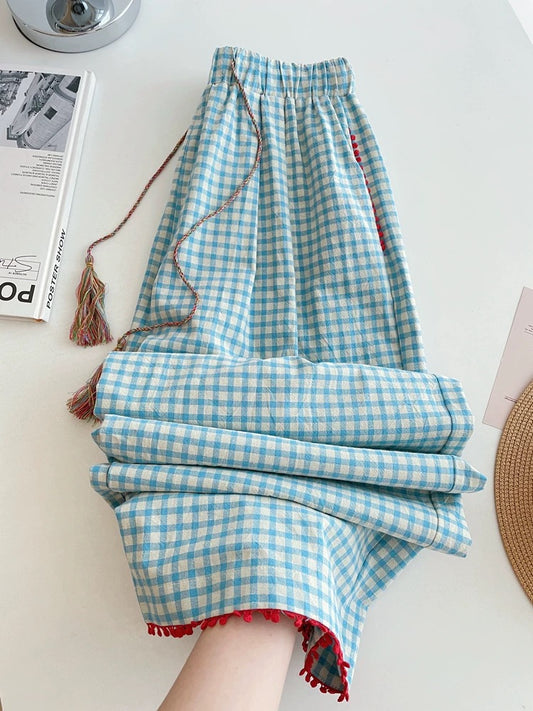 Blue Gingham Pajama Pants with Red Tassel Trim