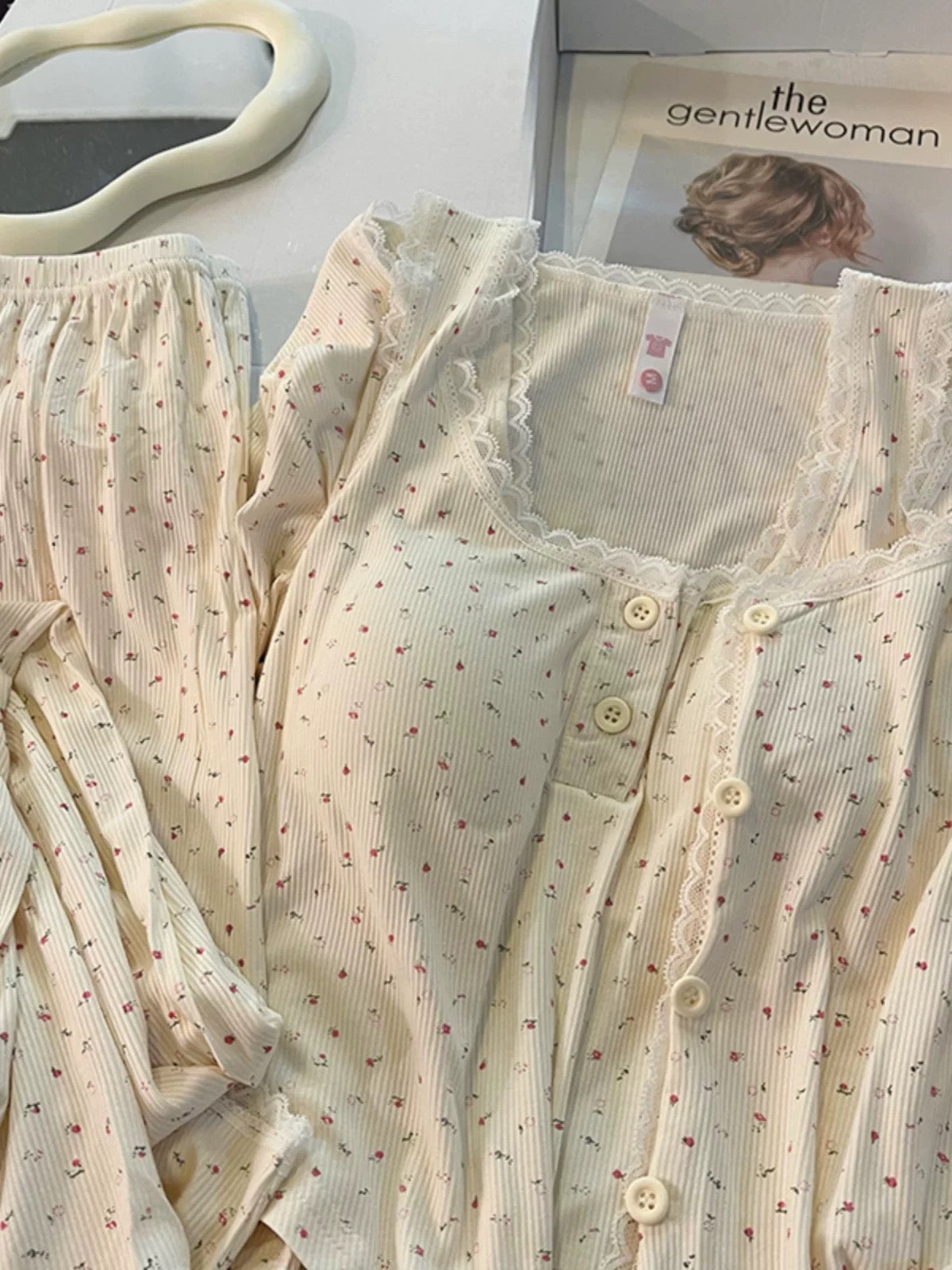 4-Piece Floral Cotton Pajama Set with Lace Trim