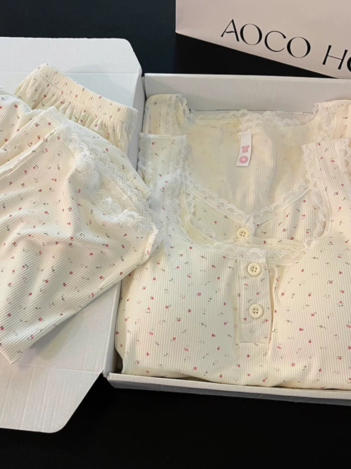 4-Piece Floral Cotton Pajama Set with Lace Trim
