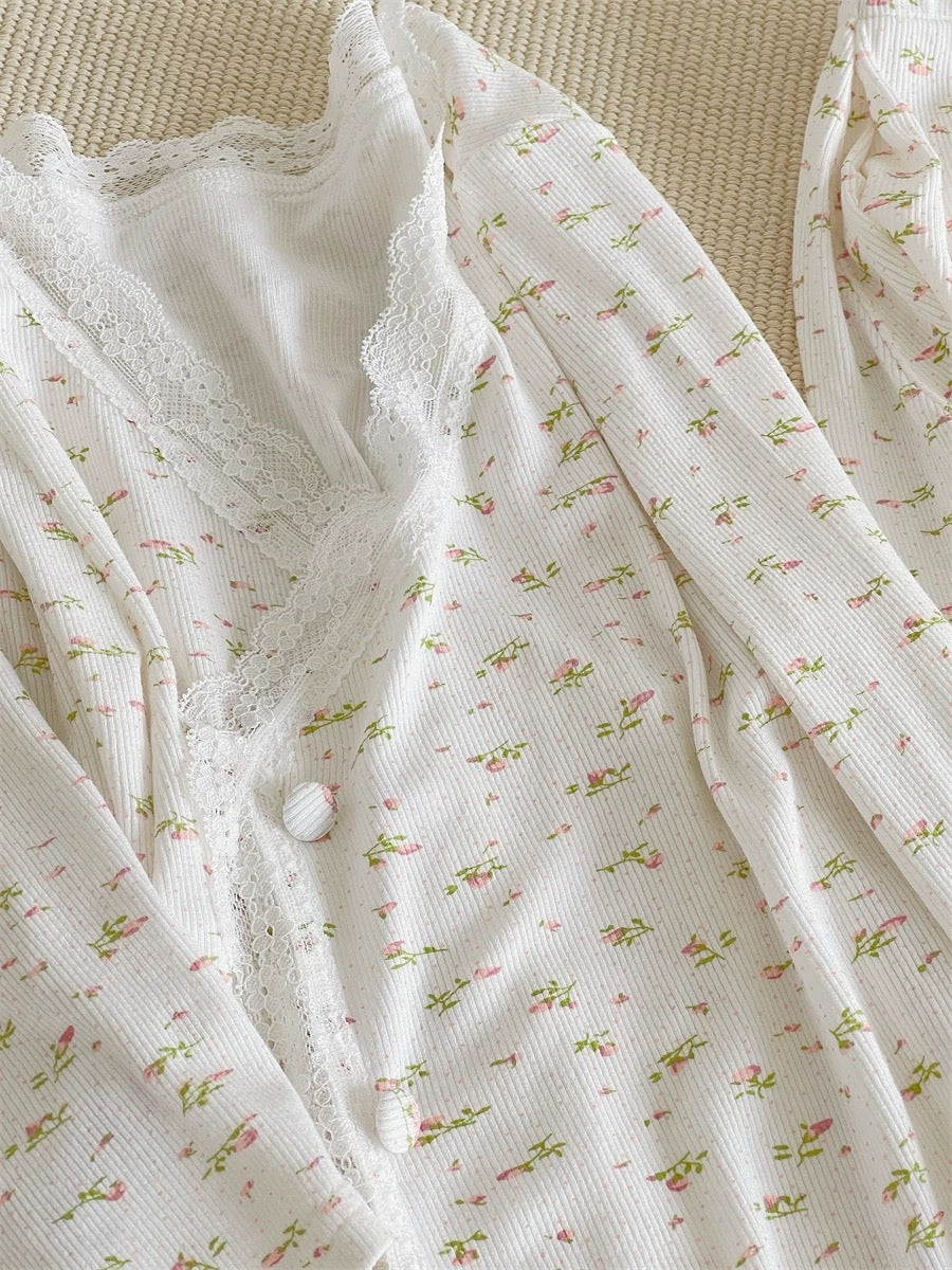 4-Piece Floral Cotton Pajama Set with Lace Trim
