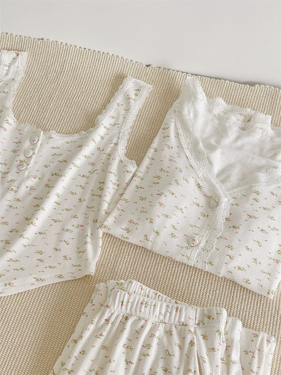 4-Piece Floral Cotton Pajama Set with Lace Trim