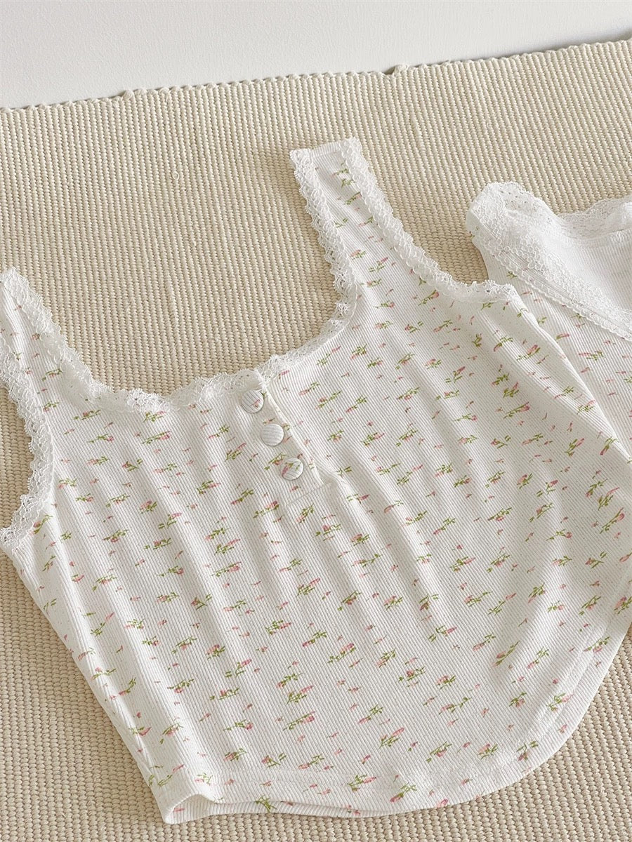 4-Piece Floral Cotton Pajama Set with Lace Trim