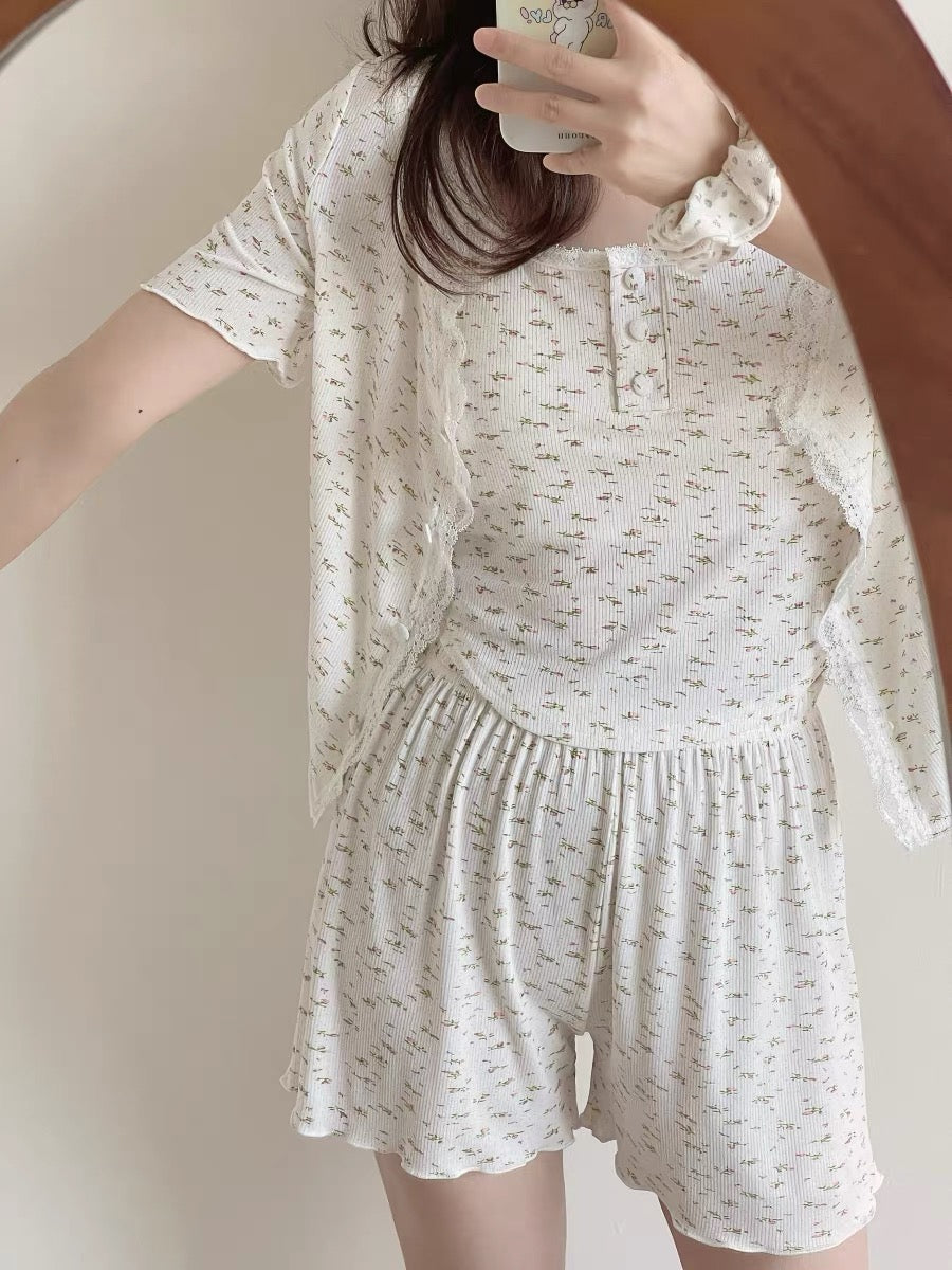 4-Piece Floral Cotton Pajama Set with Lace Trim