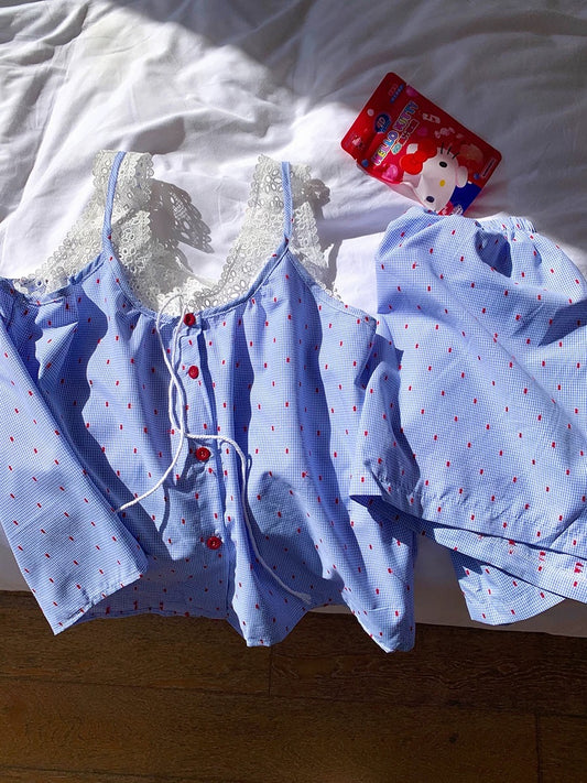 Red Gingham Pajama Set with White Crochet Lace