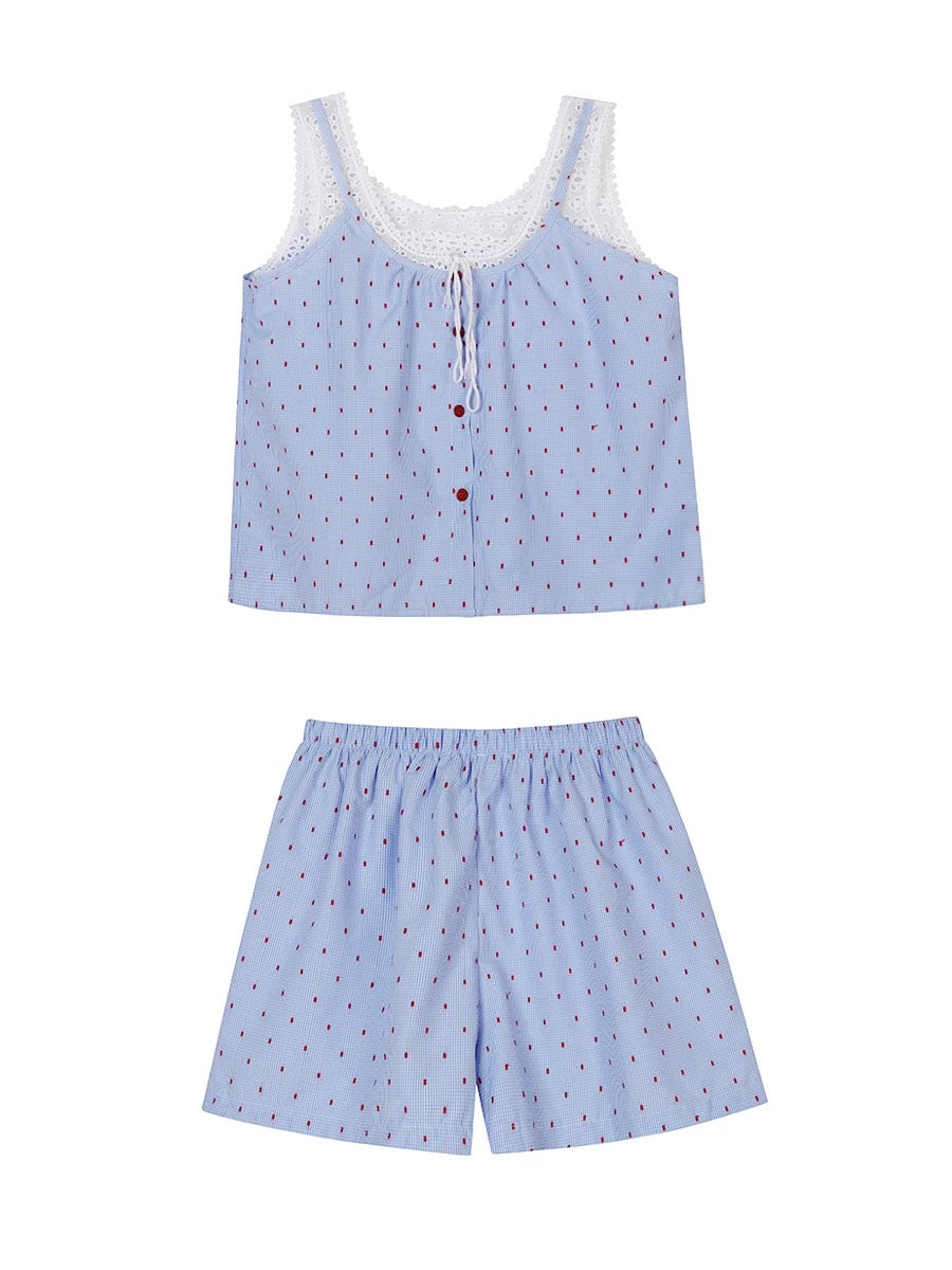 Red Gingham Pajama Set with White Crochet Lace