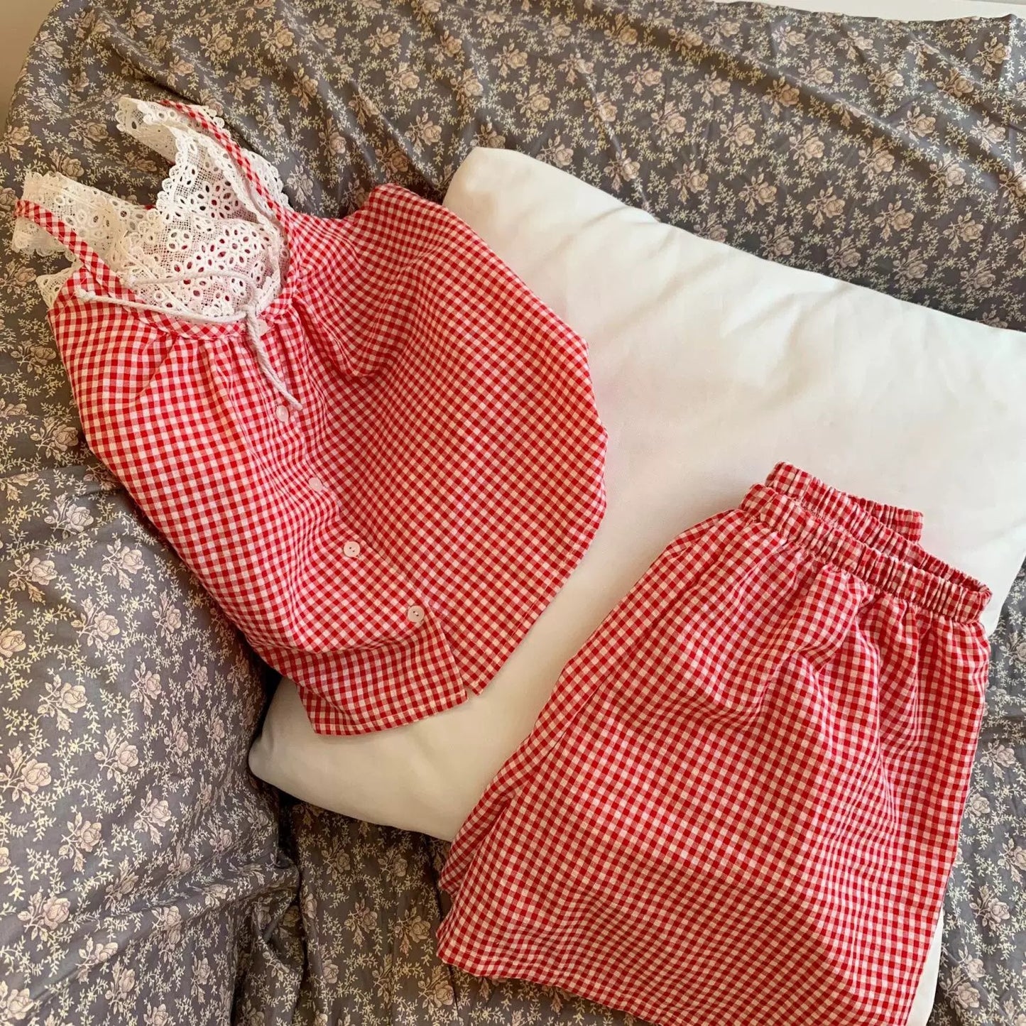 Red Gingham Pajama Set with White Crochet Lace