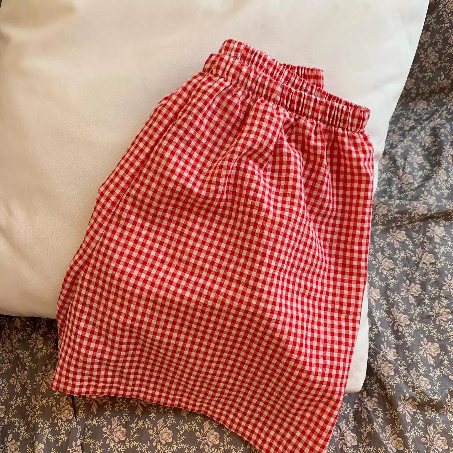 Red Gingham Pajama Set with White Crochet Lace