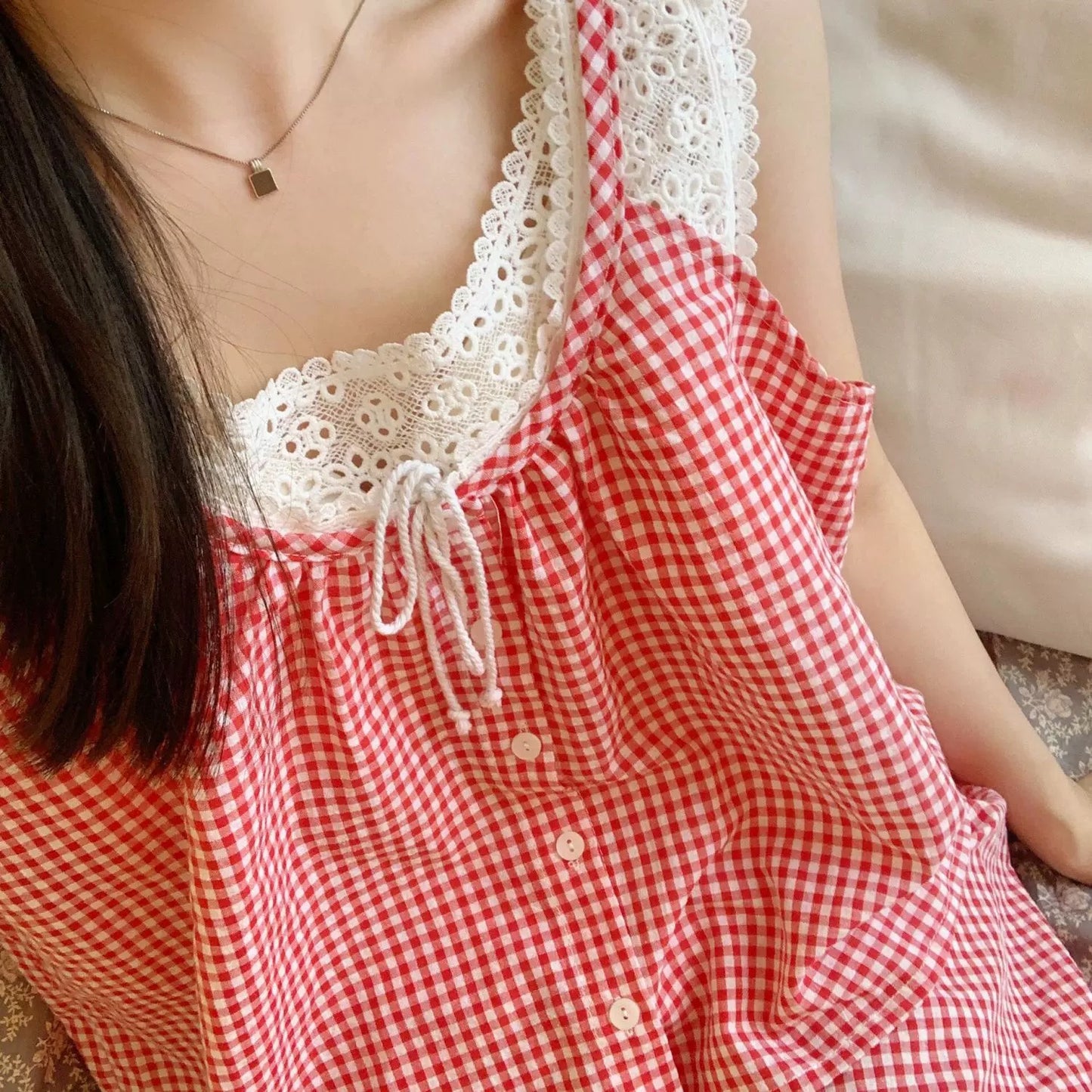 Red Gingham Pajama Set with White Crochet Lace