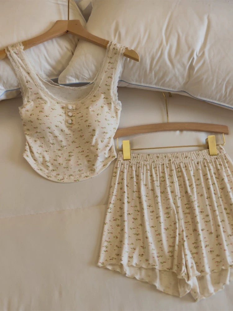 4-Piece Floral Cotton Pajama Set with Lace Trim