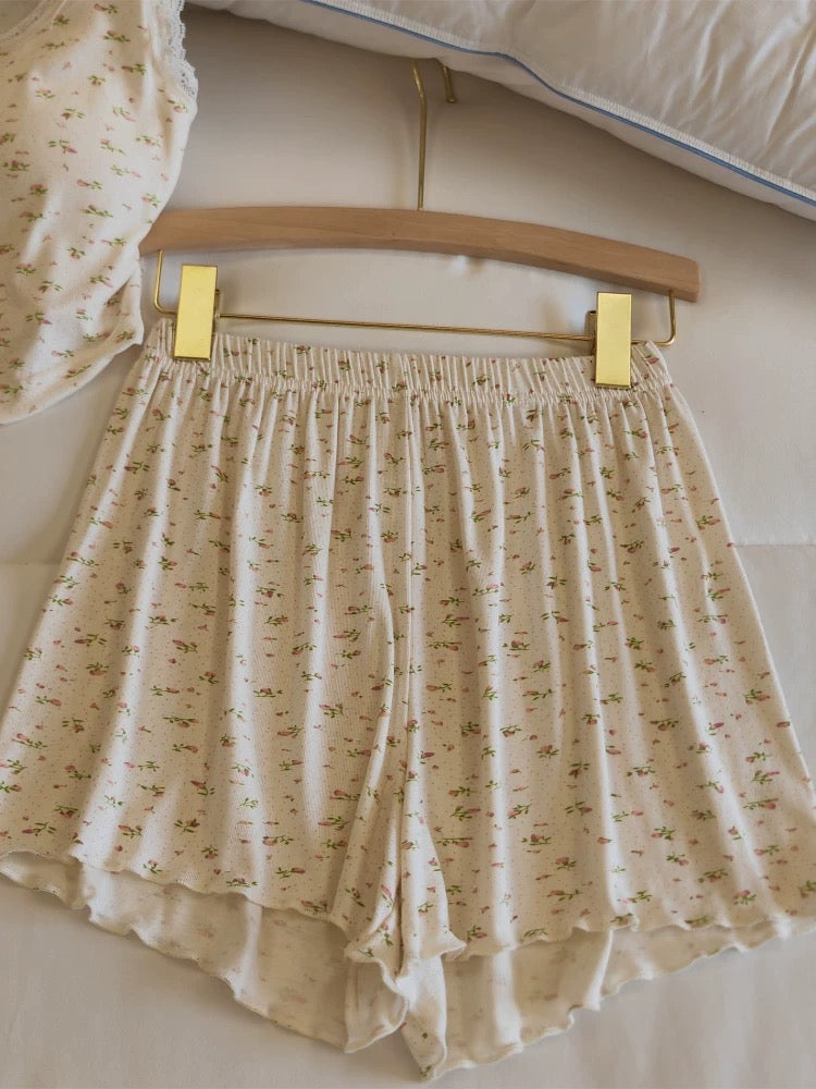 4-Piece Floral Cotton Pajama Set with Lace Trim