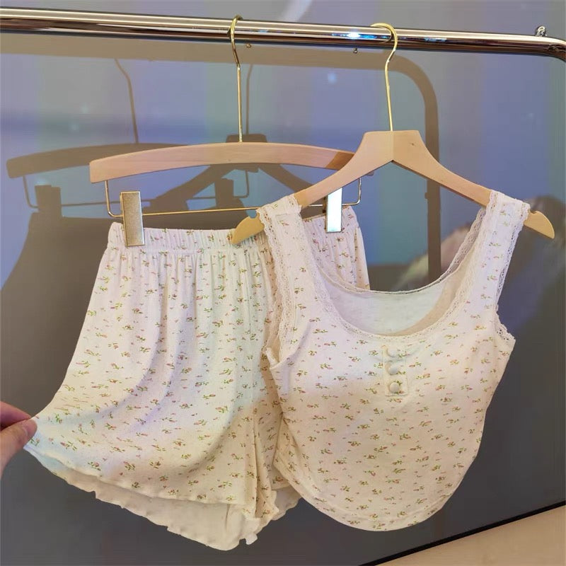 4-Piece Floral Cotton Pajama Set with Lace Trim