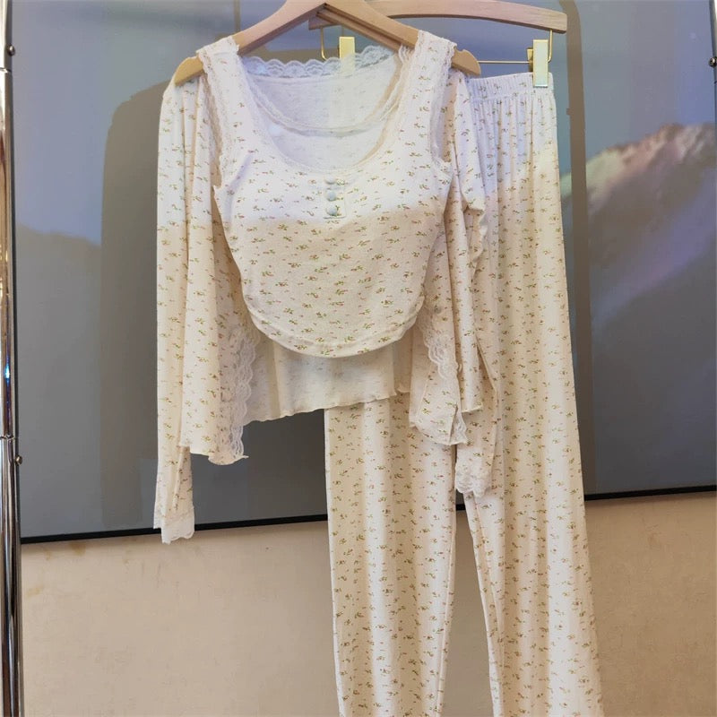 4-Piece Floral Cotton Pajama Set with Lace Trim