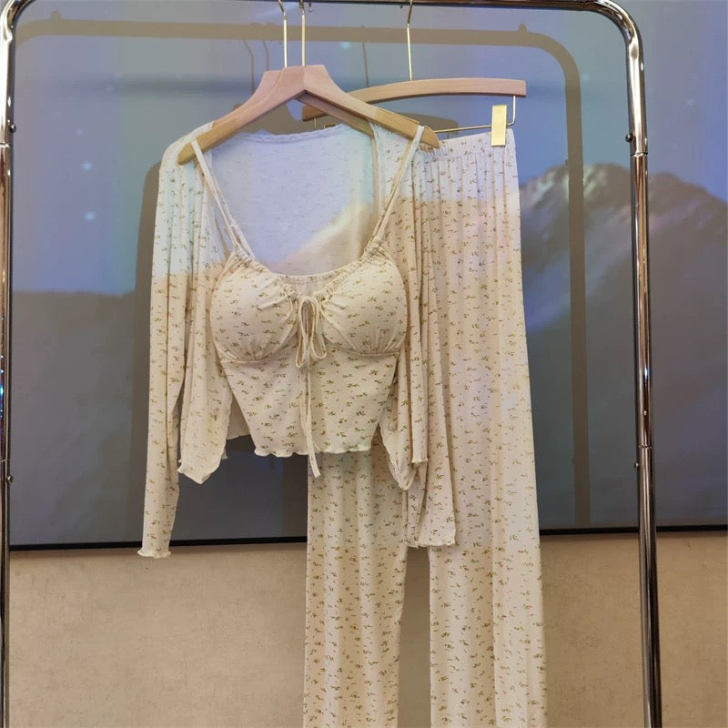 4-Piece Floral Cotton Pajama Set with Lace Trim