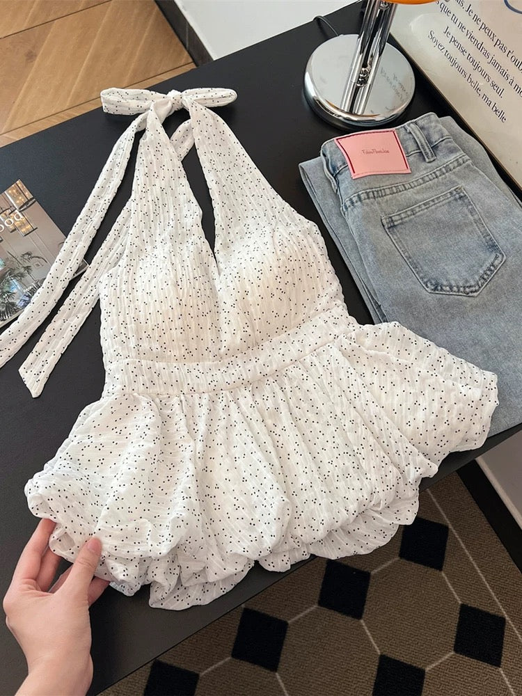 White Halter Peplum Top with Smocked Bodice and Dotted Detail