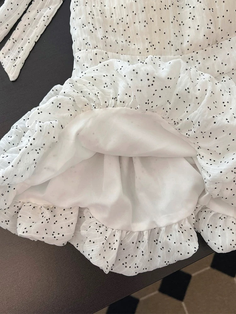 White Halter Peplum Top with Smocked Bodice and Dotted Detail