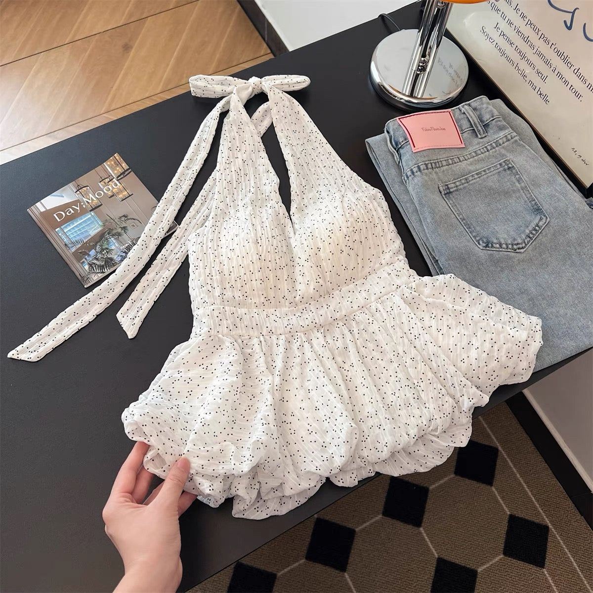 White Halter Peplum Top with Smocked Bodice and Dotted Detail