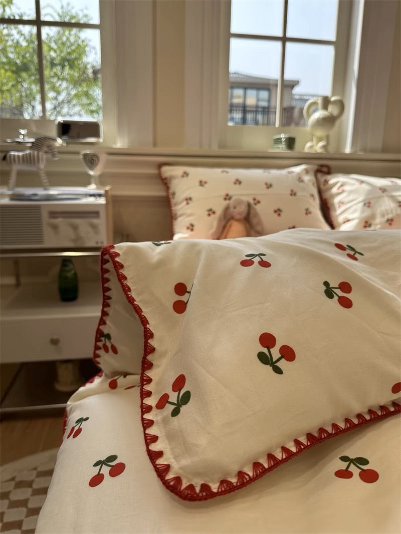 Bold Red Cherry Print Duvet Set with Scalloped Trim