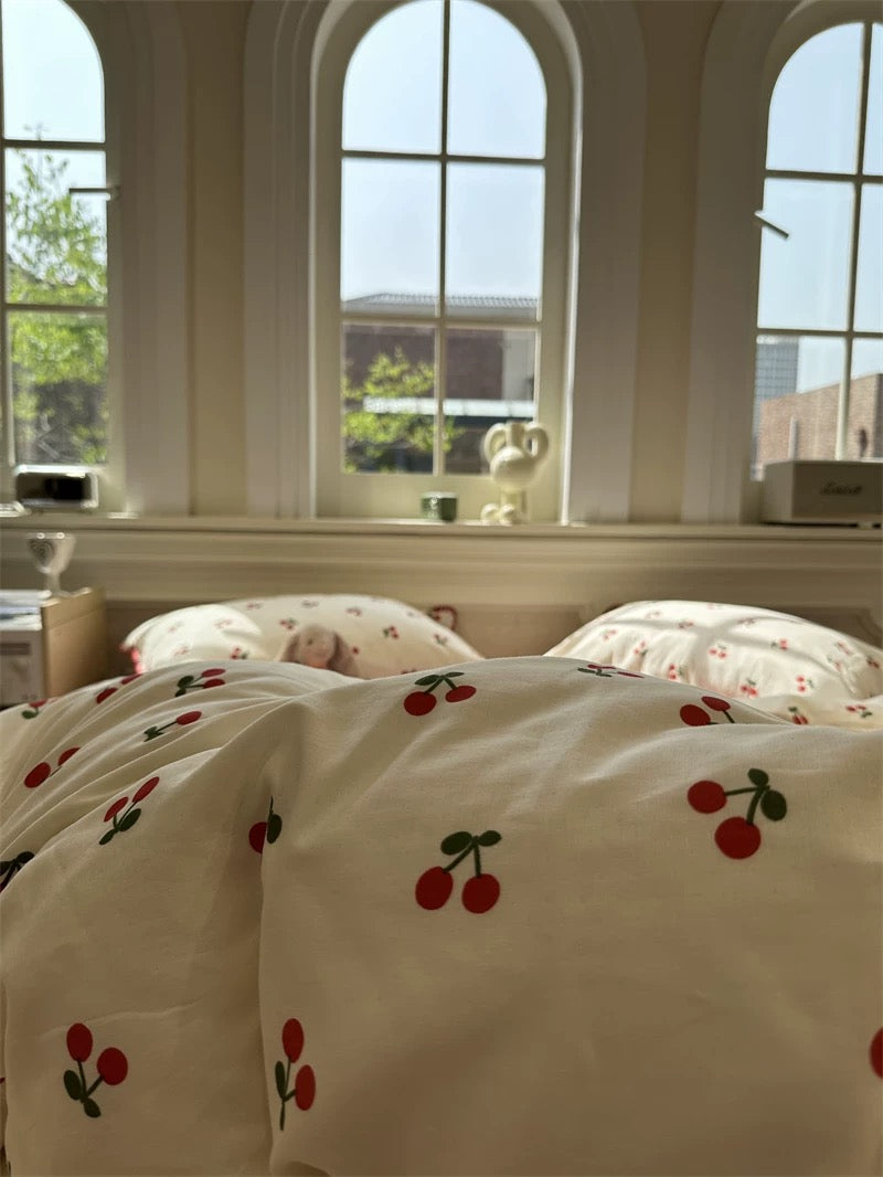 Bold Red Cherry Print Duvet Set with Scalloped Trim