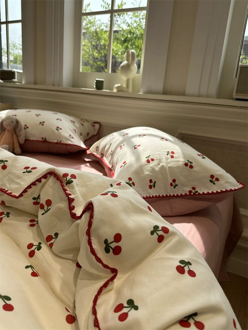 Bold Red Cherry Print Duvet Set with Scalloped Trim