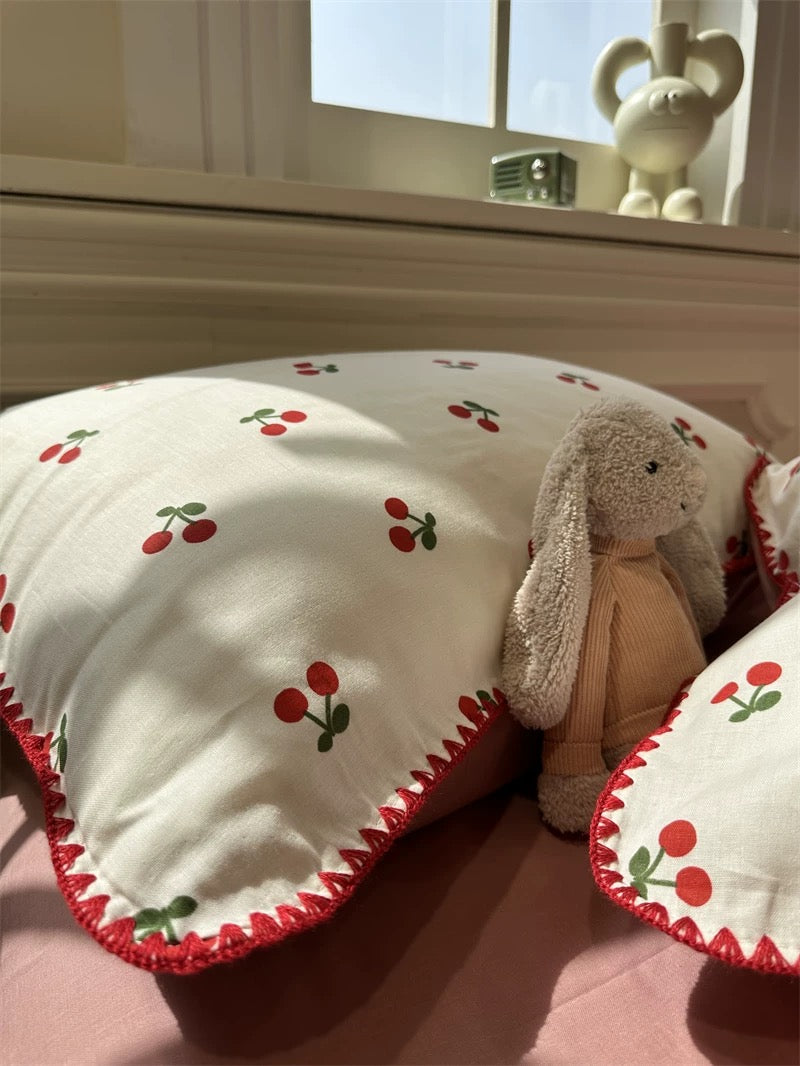 Bold Red Cherry Print Duvet Set with Scalloped Trim
