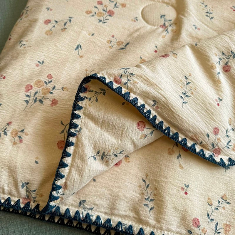 Vintage Yellow Floral Cotton Quilt with Navy Embroidered Trim
