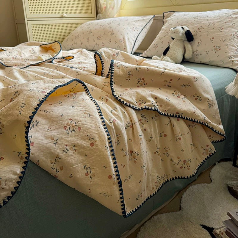 Vintage Yellow Floral Cotton Quilt with Navy Embroidered Trim