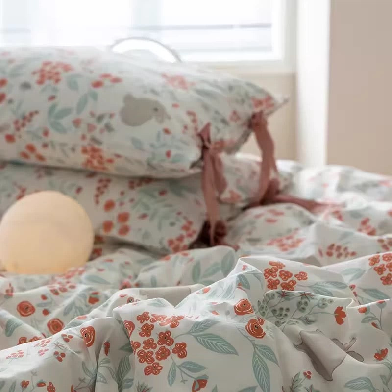 White Floral Bedding Set with Bow Tie Closures