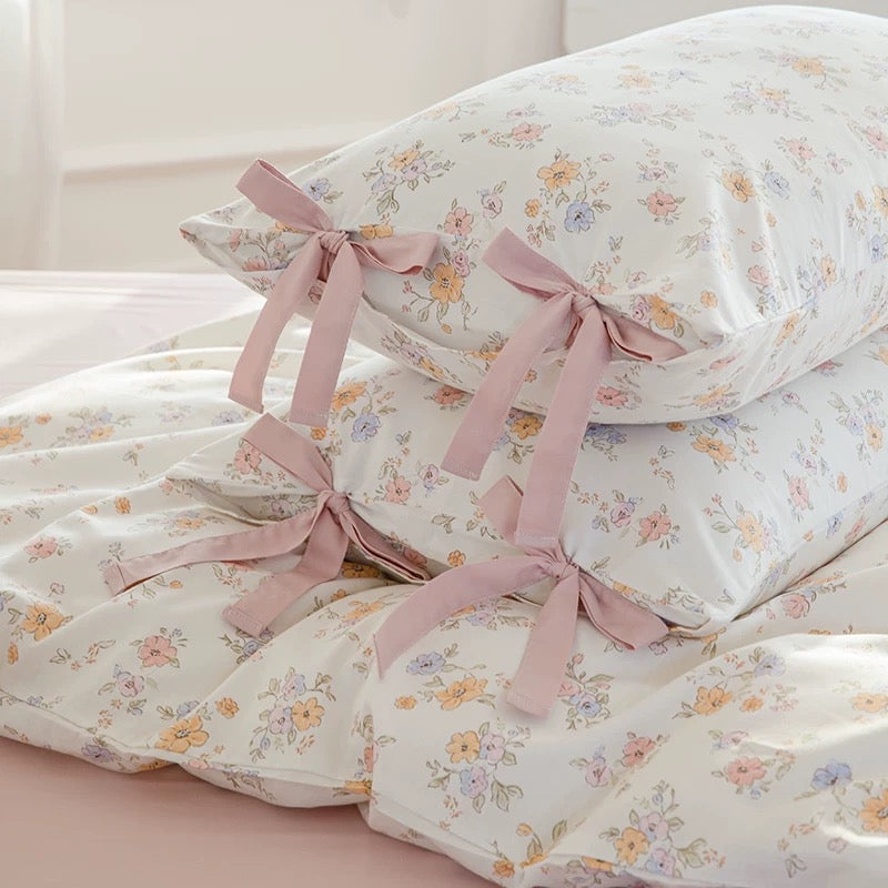 White Floral Bedding Set with Bow Tie Closures