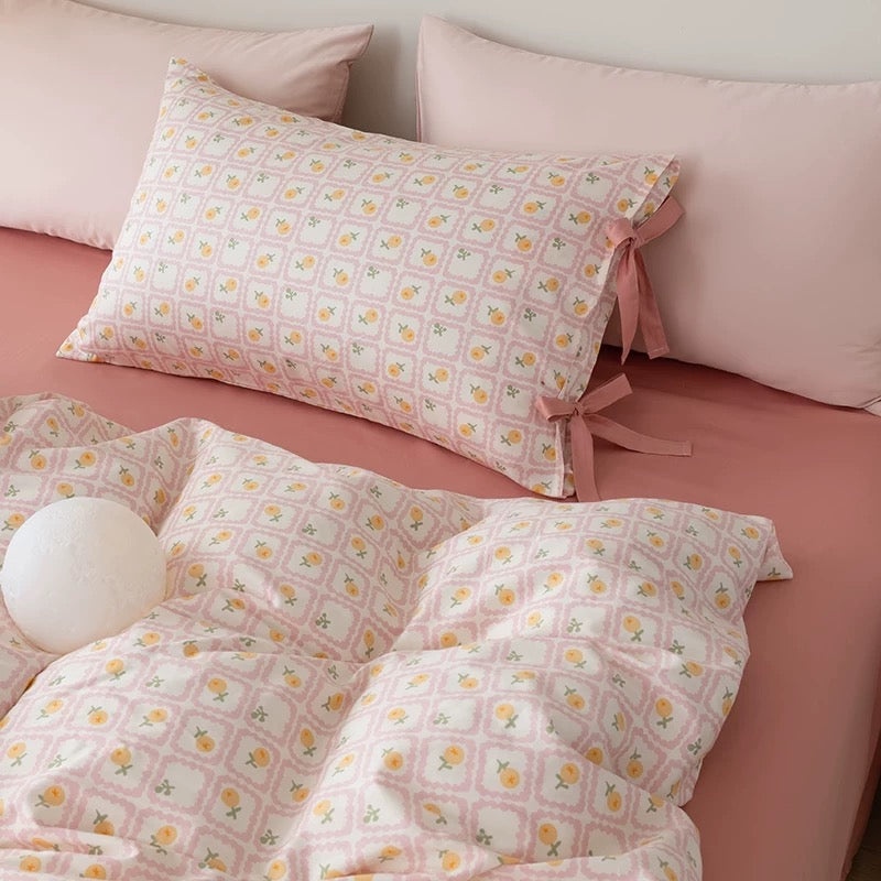 White Floral Bedding Set with Bow Tie Closures