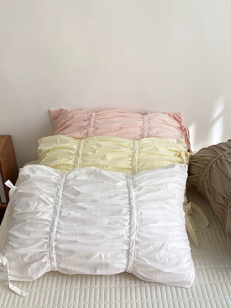 Ruffled Cotton Pillowcases with Side Ties in White and Lemon