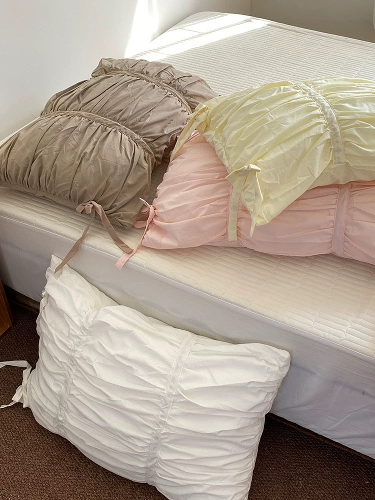 Ruffled Cotton Pillowcases with Side Ties in White and Lemon