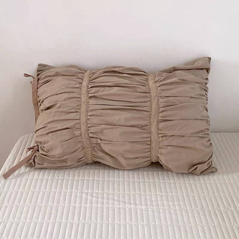 Ruffled Cotton Pillowcases with Side Ties in White and Lemon