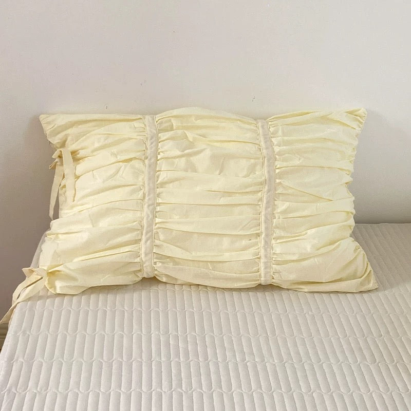 Ruffled Cotton Pillowcases with Side Ties in White and Lemon