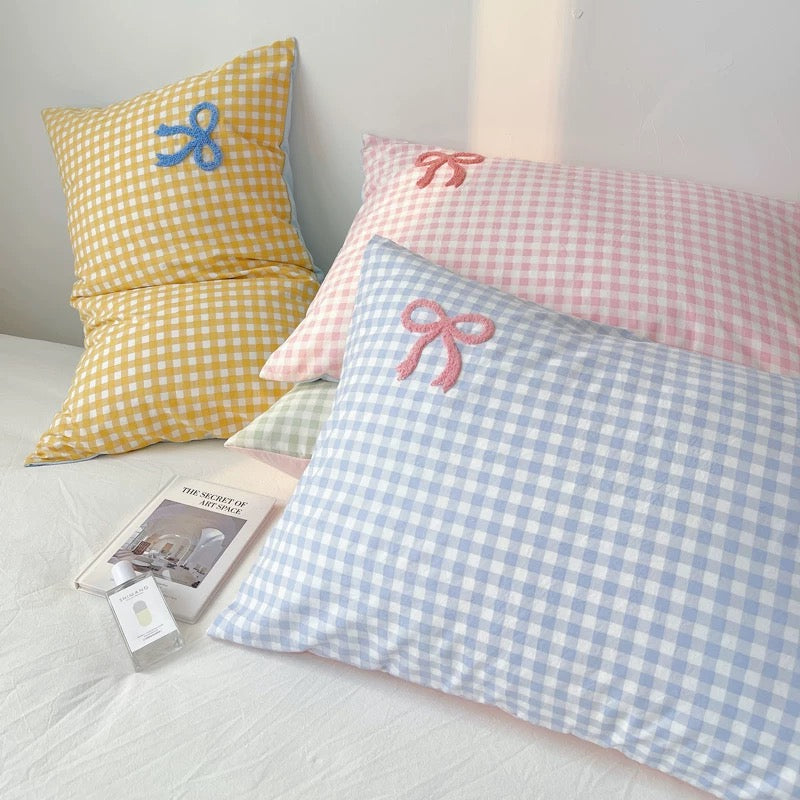 Gingham Check Pillow Covers with 3D Bow Embellishments (sets of 4)