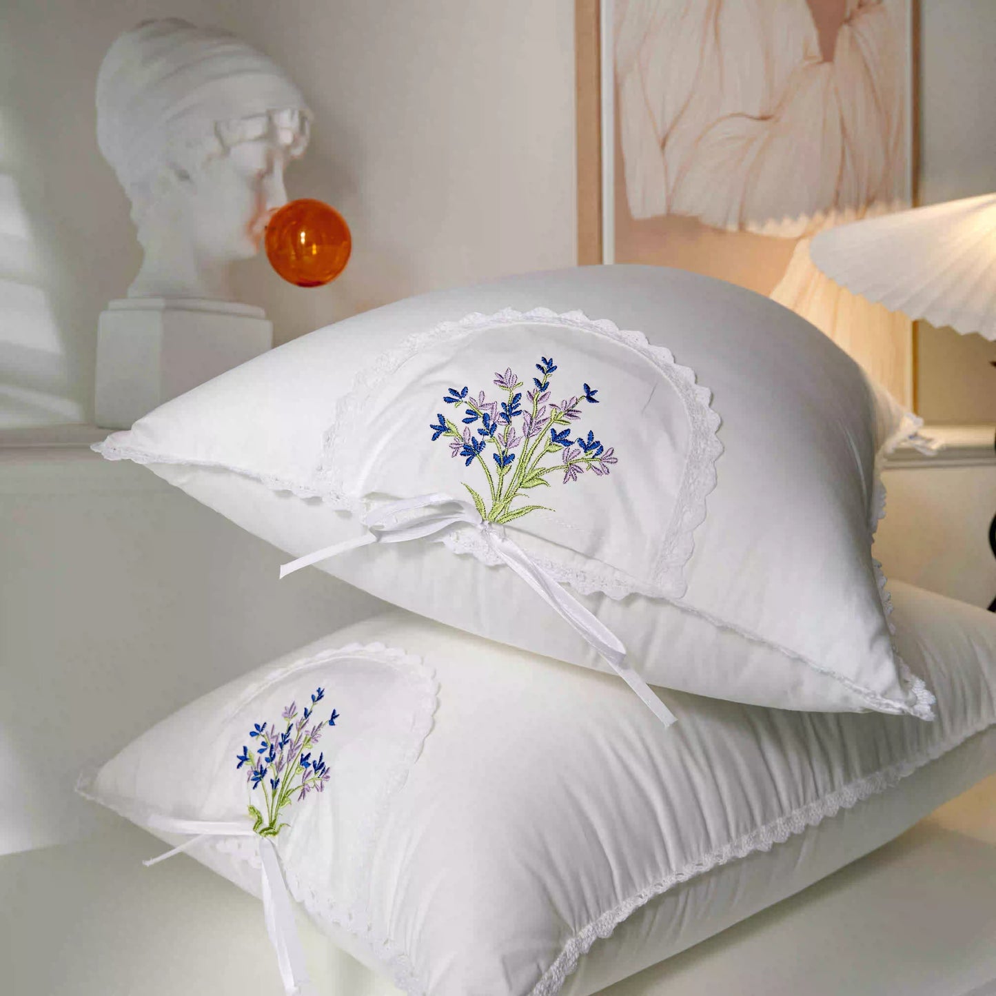 White Pillowcases with Floral Embroidery an Lace Trim